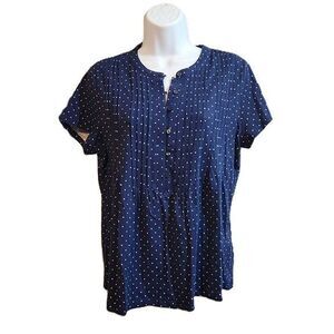 Lands' End Pintuck Detail Navy Polka-dot Half Button Down Blouse, Small